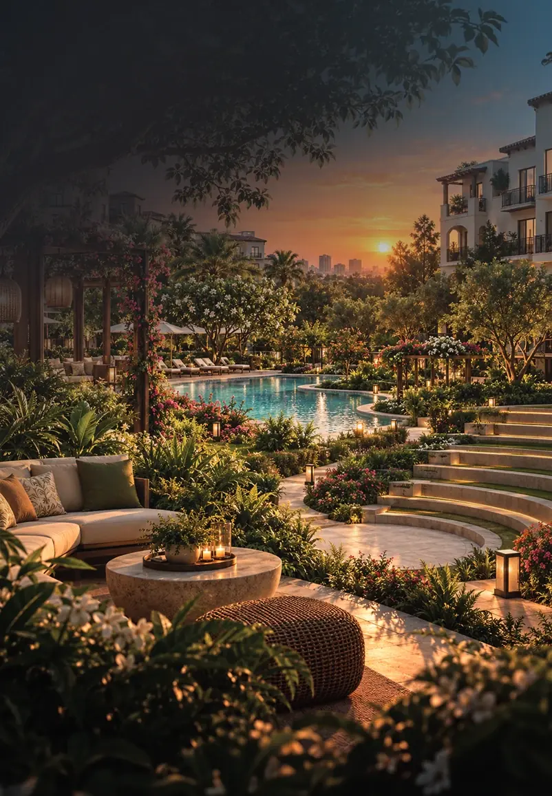 Landscaped Earth Park with a pool and stepped garden paths