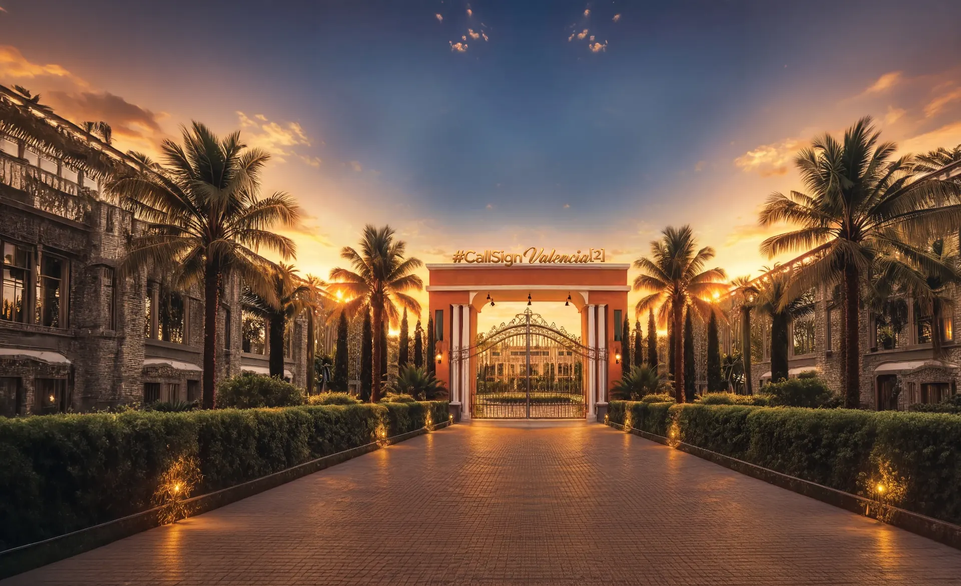 The Valencia entrance framed by palms and Spanish-inspired residences at sunset
